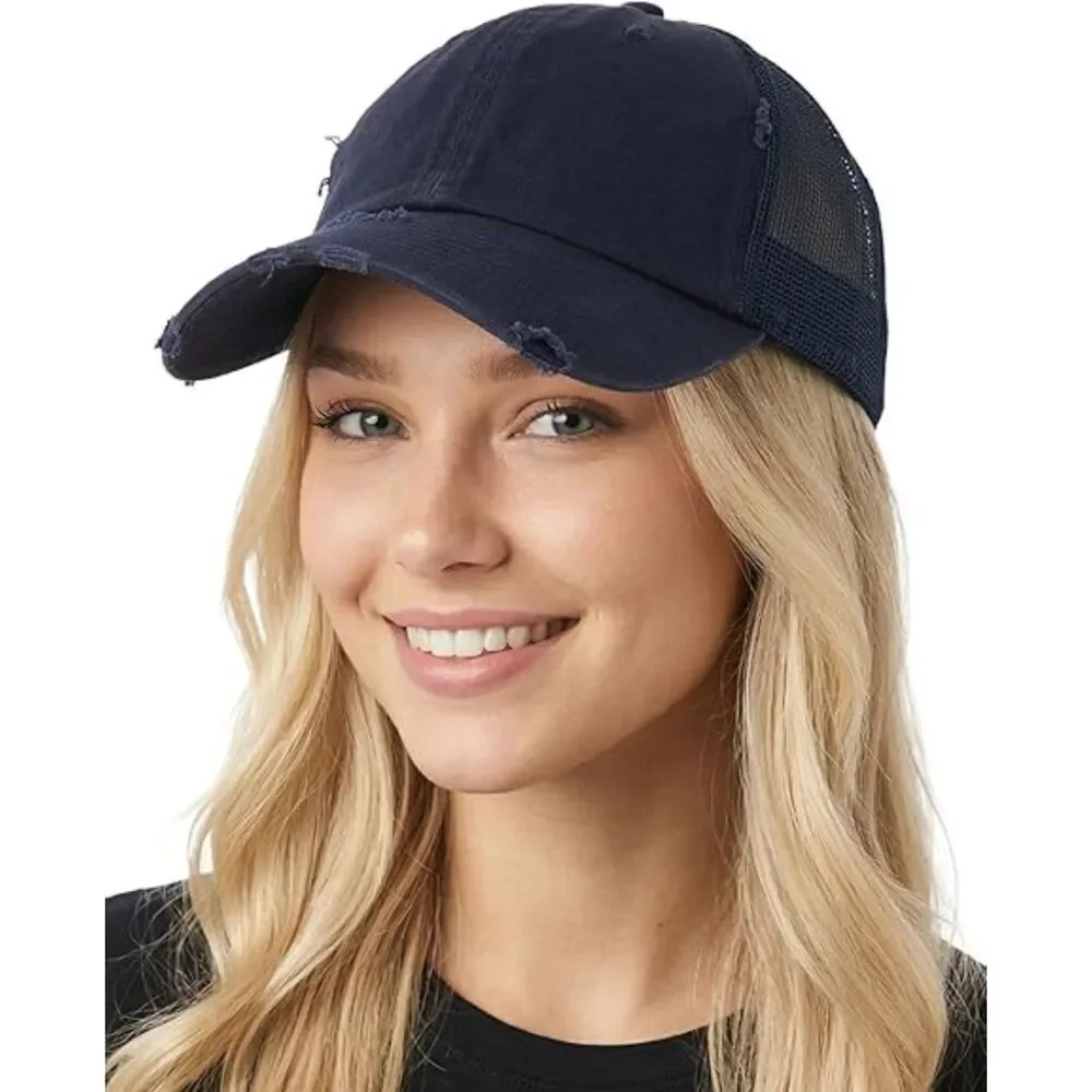 Women's Navy Distressed Mesh Back Adjustable Classic Comfortable Baseball Cap